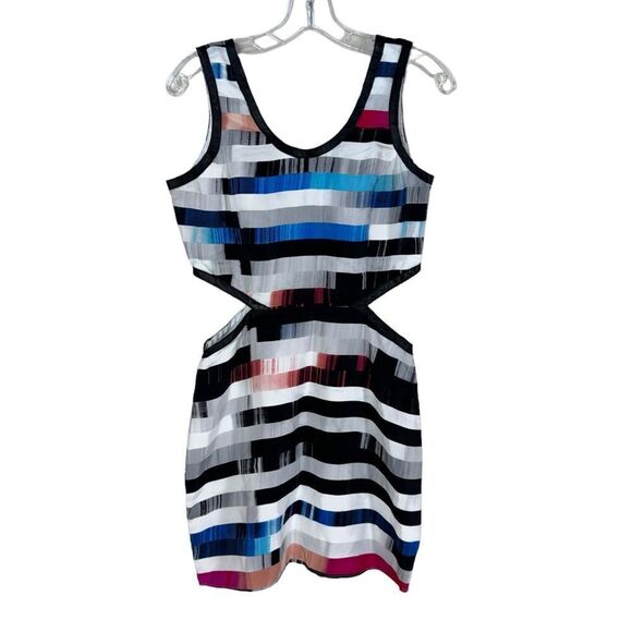 Parker Silk Cutout Rainbow Mini Dress Leather Contrast Tank Colorful Summer M - Picture 3 of 13